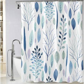 BIVINAR Extra Long Light Blue Leaves Shower Curtain 72 x 84 Inch, Plant Bathroom Shower Curtains, Waterproof Fabric Botanical Shower Curtain