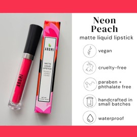 Aromi Matte Liquid Lipstick | Long-lasting, Bright Peachy Pink Lip Color, Smudge, Smear, + Transfer Proof, Paraben + Gluten Free, Waterproof (Neon Peach)