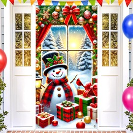 BlissYard Christmas Snowman Door Banner 71x35 inch Winter Holiday Window Scene Door Cover Decorations Festive Snowman with Gifts Tree and Lights Front Doors Wall Decor for Indoor Outdoor Xmas Party