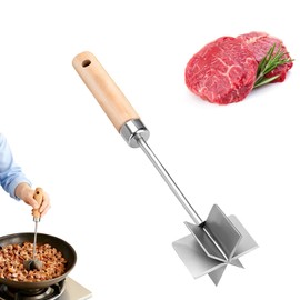 Stainless Steel Meat Chopper, Heavy Duty Mashing Head & Wooden Handle,10.6 Inch Ground Beef Chopper Tool, Rust prevention & Sturdy Ground Meat Smasher for Hamburger, Beef, Turkey