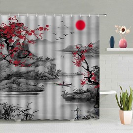 FILMILIL Asian Decor Shower Curtain Red Plum Blossom Branch Japanese Bamboo Trees Sun and Misty Mountains Art Chinese Traditional Ink Bathroom Decor Curtains Polyester Fabric with Hooks 80 X 70 Inch