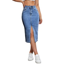 Womens Denim Pencil Skirts Mid Long High Waist A line Midi Jean Skirt Split Hem Skirts for Ladies Mid Blue M.