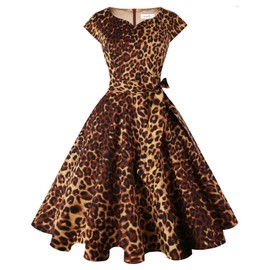 Kingfancy Women Vintage 1950s Dress Retro Cocktail Party Swing Dresses with Cap Sleeves Leopard M