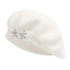 ZLYC Women's Wool Beret Classic French Beret Warm Beret Hat, Flowers white