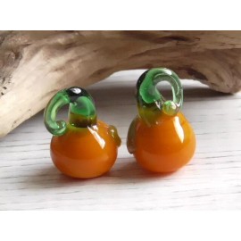 2 - 17x12mm LAMPWORK PUMPKIN LOOPED STEM LEAF BEADS ORANGE & GREEN FALL AUTUMN
