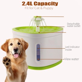2.4L Cat Water Fountain-Pet Drinking Fountain,Automatic Cat Puppy Dog Water Dispenser,LED Night Vision Water Level Window w/ 3 Replacement Filters(Green)