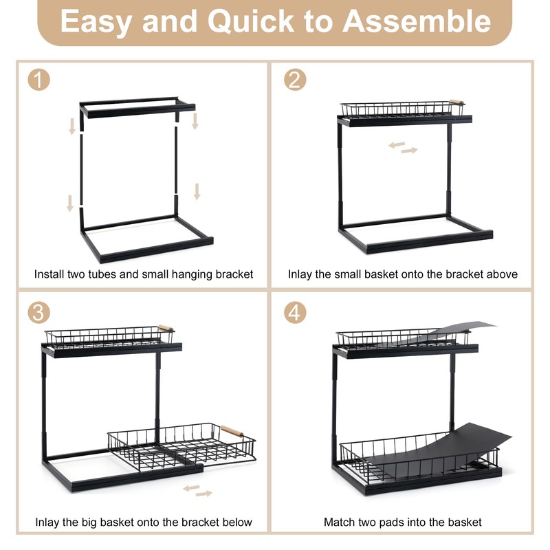VESTCDF Under Sink Organizer, 2-Tier Pull-Out Cabinet Storage Shelf, Multi-Purpose