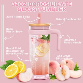 Luxgola 32 oz Glass Tumbler with Handle, Iced Coffee Cup with Bamboo Lid and Straws, Reusable Clear Glass Water Cup With Silicone Bumper - Fits in Car Cup Holder, Dishwasher Safe, BPA Free - Pink