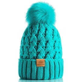 PAGE ONE Womens Winter Ribbed Beanie Crossed Cap Chunky Cable Knit Pompom Soft Warm Hat Green