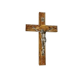 Bethlehem Gifts TM Bethlehem Olive Wood Wall Cross with Silver Crucifix (6 INCHES)