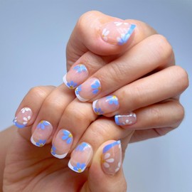 White French Press on Nails Short Square Fake Nails 24 Pcs Kit False Nails with Flowers Designs Press Nude Artificial Glue on Nails Glossy Nail Tips Full Cover Acrylic Stick on Nail for Women