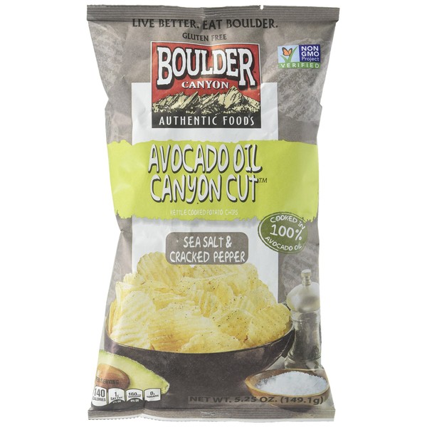 Boulder Canyon Avocado Oil Canyon Cut Kettle Cooked Potato Chips, Sea Salt and Cracked Pepper, 5.25 Ounce (Pack of 12)