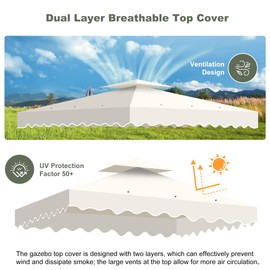 10'X10' Gazebo Canopy Top Replacement, Double Tier Canopy Replacement Top Cover with Air Vent, Grill Top Roof for Shop Garden Patio Yard Outdoor, Pavilion Cover Sunshade (Beige A)