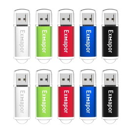 Exmapor Bulk USB Flash Drives 32GB 10 Pack USB Drive Cap Design Memory Sticks USB Stick with LED Indicator(5 Mixed Colors: Silver, Green, Red, Blue, Black)