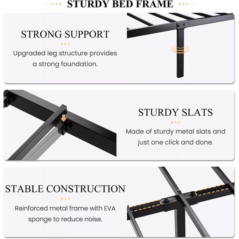 Lov4ever Metal Bed Frame with Geometric Litchi Grain Leather Headboard,