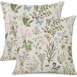 Coeufuedy Spring Decorative Pillow Covers 18 x 18 Inch Set of 2 Sage Green Wild Flower Plant Butterfly Square Linen Farmhouse Decor Cushion Covers for Sofa Couch Living Room