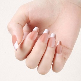 Dikixe Nude-colored Gradient French Medium Coffin Press On Nails Full Cover Acrylic 24 Pcs Salon Reusable Fake Nails with Strong Nail Adhesive Tabs for Women Girls