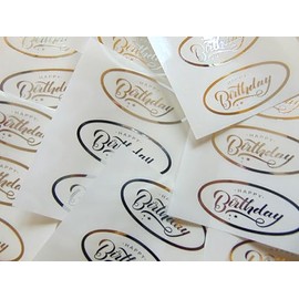 Pack of 24 Happy Birthday Stickers, Bright Shiny Silver on Clear Transparent - Labels for Cards, Craft and Decoration