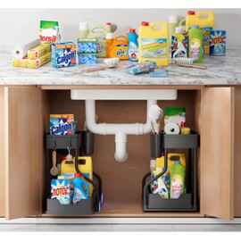 TOOCABEAR 2 Set of 2-Tier Bathroom Under Sink Organizers and Storage - L-Shaped Design with Sliding Storage Drawer, Pull Out Cabinet Storage Shelves Maximize Space for Kitchen and Bathroom Storage