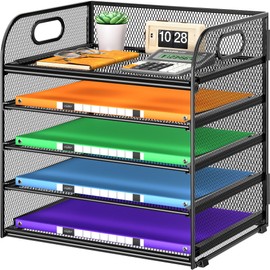 Cawukege Organizador de papel de 5 niveles con asa, organizador de escritorio de malla de metal negro, carpeta de archivos, bandeja de cartas, clasifi