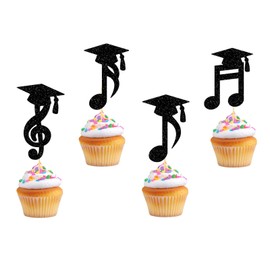 [24 Pack] Music Graduation Cupcake Toppers 2025 - VARACL Black Glitter Note with Cap Designs, DIY Grad Cupcake Decorations for Music School Graduation Party,Doctoral Degree Celebration