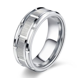 KAMASATO Tungsten Rings For Men 8mm Wedding Band Silver Brick Pattern Brushed Engagement Promise Comfort Fit Size 10