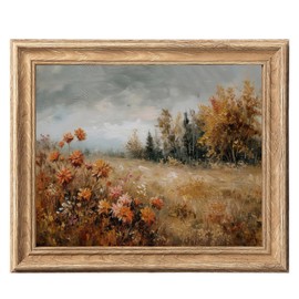 Framed Vintage Canvas Wall Art, Rustic Wildflower Meadow Landscape Painting 8x10, Autumn Countryside Nature Scene Prints, Farmhouse Rustic Wall Decor for Living Room, Bedroom, Bathroom