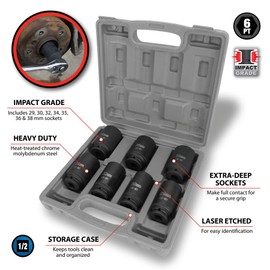 Performance Tool W89323 Axle Nut Socket Set, 1/2" Drive (7 Pieces) - Chrome Molybdenum Steel, Extra-Deep Sockets, Fits Various Domestic and Import Vehicles, Storage Case Included