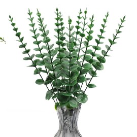 TIHOOD 6PCS Faux Eucalyptus Stems Flowers Short Artificial Eucalyptus Greenery Stem Fake Eucuplutis Leaves Branches Decoration for Floral Arrangement Wedding Home Office Centerpieces Vase Décor