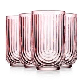 Glaver's Vintage Glassware Art Deco Highball Glasses Set of 4 Blush Ribbed Drinking Glasses 17 Oz Black U-Shape Arch Design Colored Cocktail Kitchen Tumblers, Pink