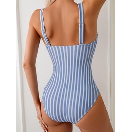 Eomenie Women's One Piece Swimsuit Tummy Control Bathing Suit V Neck Slimming 1 Piece Swimwear Blue Stripe