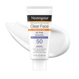 Neutrogena Clear Face Liquid Lotion Sunscreen for Acne-Prone Skin, Broad Spectrum SPF 50 UVA/UVB Protection, Fragrance & Oxybenzone Free Facial, Non-Comedogenic, Unscented, 3 Fl Oz