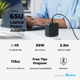 Innergie 65U 65W Universal Laptop Charger Power Adapter - Compatible with Acer/MSI/ASUS/Lenovo/HP/Windows PC Notebooks – 2.3m Built in Cable with Tips, UL & IEC 62368-1 Certified (Delta Electronics)