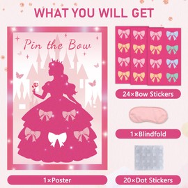 HOMANGA Pin the Bow Party Game for Girls, Pink Girl Princess Poster with 24 Bow Stickers, Kids Teens Birthday Party Supplies Decorations, Sleepover & Dress-Up Activity - A2 Poster, 24 Players