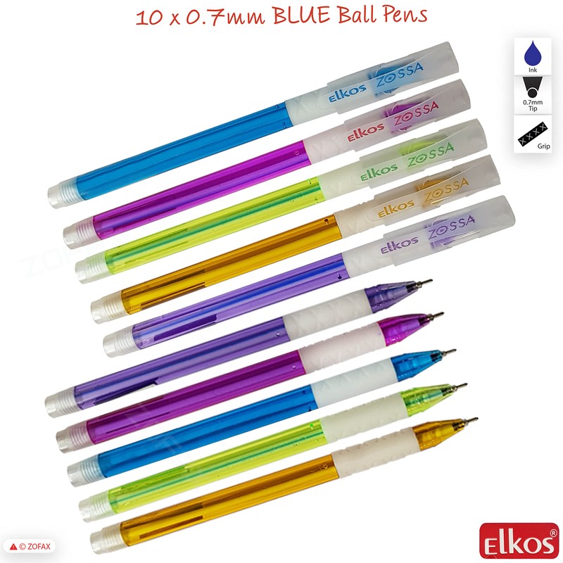 ELKOS BLUE Ballpoint Pens, 0.7mm Fine Point, Pack of 10,