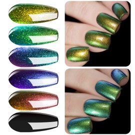 Vishine Chameleon Gel Nail Polish Set Holographic Glitter Polish Sparkle Shimmer Nail Art Polish with Black Base Gel Polish Multicolored Nail Art DIY 8ml 6Pcs