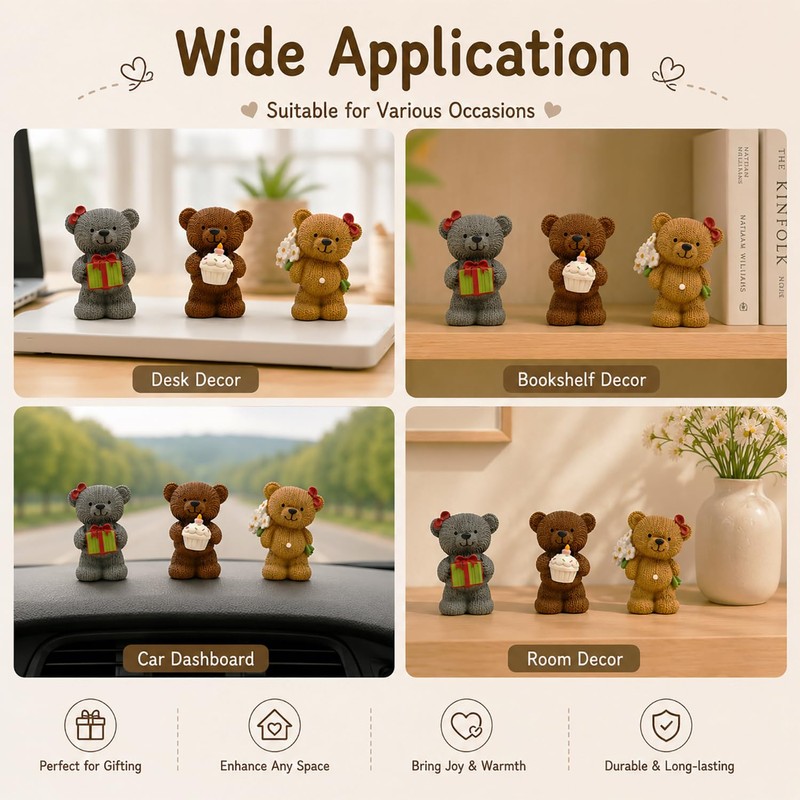 MeritMode Teddy Bear Ornaments Set, 2.8”H Resin Figures, Cute Home