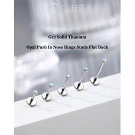 OUFER 2Pcs Nose Studs, G23 Solid Titanium 20G Flat Back Helix Cartilage Earring Studs, Tiny 2MM Opal Push In Nose Rings for Women Men-8MM