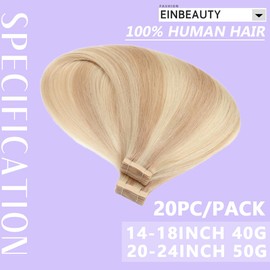 EINbeauty Tape Extensions Real Hair 20 Pieces Extensions Real Hair 40 cm 40 g Ash Blonde with Bleach Blonde Tape In Extensions Real Hair Invisible Real Hair Extensions Tape Straight Hair Extensions