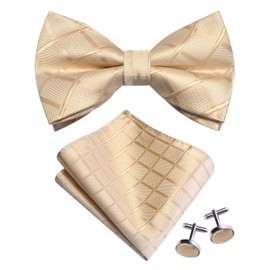 GUSLESON Mens Plaid Checkered Bow Tie Handkerchief Jacquard Woven Adjustable Pre-Tied Bowties Pocket Square Cufflinks Set, Champagne, general