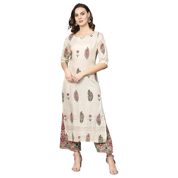 Straight Printed Rayon Kurta Suit Set (Beige, M)
