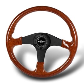 RACING9SPEED W-POWER Universal 14" 350MM Galaxy Classic Wood 6-Hole Matt Black Center 3-Spoke Steering Wheel w/Horn Button, Car Mods Interior Accessories, Automotive Replacement Parts Assembly (Brown)