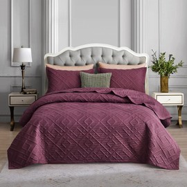 CHIXIN Quilt King Size - Geometric Pattern Bedspread Coverlet Set - Modern & Contemporary Style Bedding Cover, Ultrasonic Quilting, Reversible, Lightweight, 4 Piece, Burgundy & Wisteria