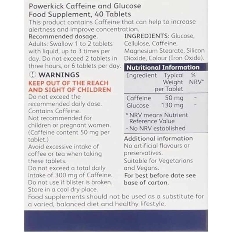 Powerkick Caffeine & Glucose Supplements - 40 Tablets (6 Packs