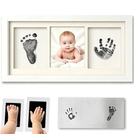 Marco foto y huellas recuerdo de bebe, Kit de mano y huella de bebé con kit de mano y huella sin tinta*1, Tres hojas de papel blanco, Cinta adhesiva de doble cara*1, Regalos de baby shower para mamá