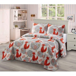 3pc Full/Queen Quilt Bedspread Set Kids/Teens Fox White Grey Red Orange New