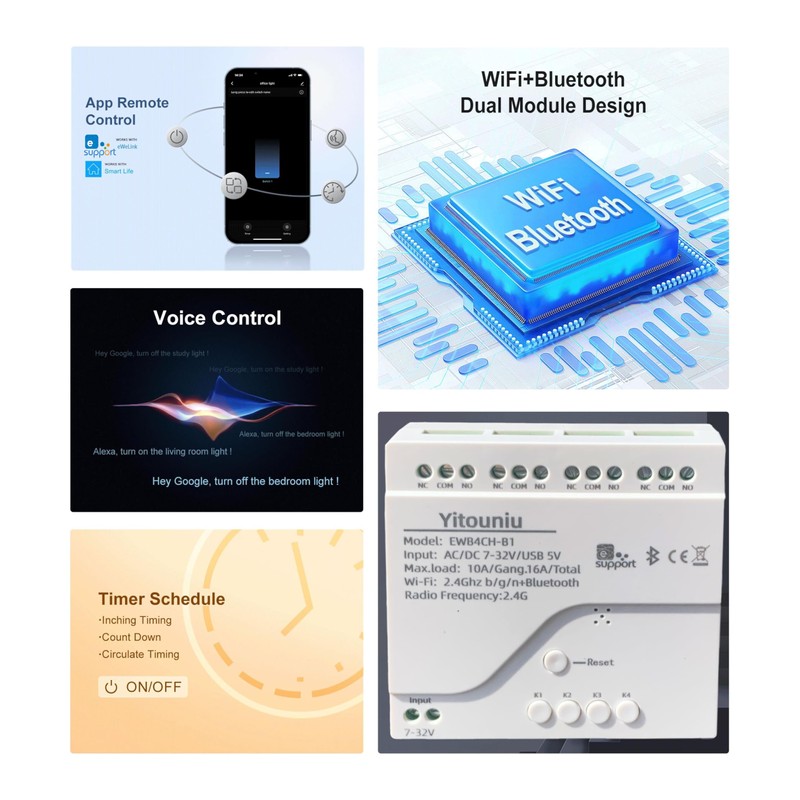 Yitouniu EWeLink 4-Channel Smart WiFi Relay Switch Module, AC7-32V, APP