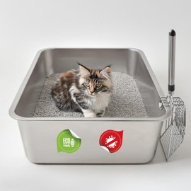 Stainless Steel Cat Litter Box with Scoop, XL High Side Cats Toilet Metal Kitten Litter Pan, Pet Cleaning Tool for Big and Small Cats, Rabbits, Splash-Proof and Non-Stick Cat Poop Box odorless