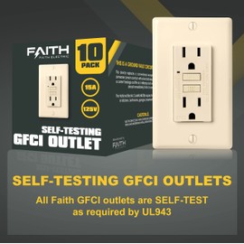 Faith [10-Pack] 15A GFCI Outlets, Non-Tamper-Resistant GFI Duplex Receptacles with LED Indicator, Self-Test Ground Fault Circuit Interrupter with Wall Plate, ETL Listed, Ivory, 10 Piece