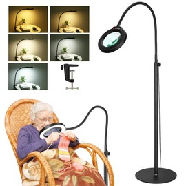 8X Magnifying Glass with Light and Stand, Krstlv 24" Flexible Gooseneck Magnifying Floor Lamp, 3-in-1 LED 5 Color Modes Stepless Dimmable Lighted Magnifier Hands Free for Close Work, Hobby, Esthetican